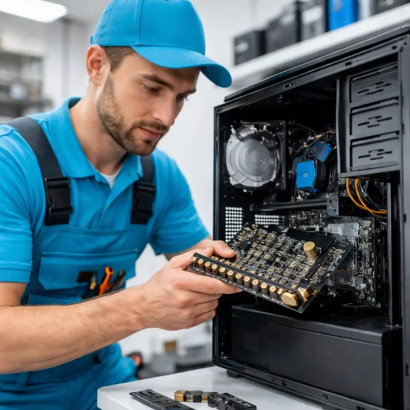 Мастер устанавливает звуковую карту на ПК в Селятино